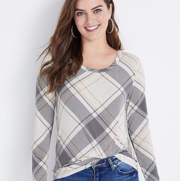 MAURICES 24/7 Flawless Gray Plaid Long Sleeve Tee Soft and Comphy Tee Fall Color - Picture 5 of 5